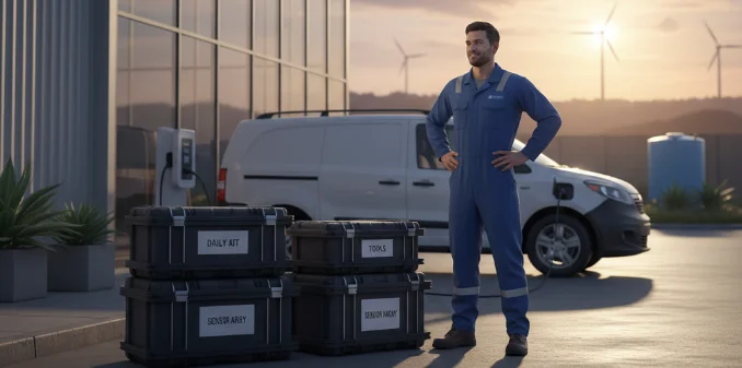 Agent terrain rechargeant son véhicule en fin de journée — kit prêt et étiqueté