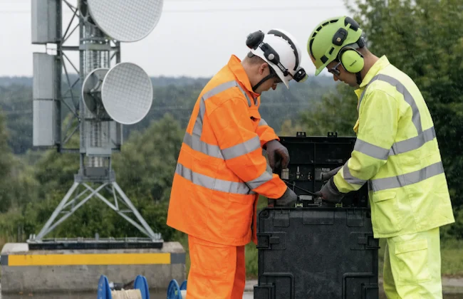 Chantier fibre optique — techniciens, antenne relais et matériel télécom