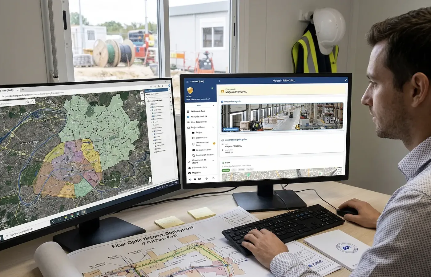 Chargé d'affaires télécom consultant GSE-Web sur ordinateur, plan de chantier fibre, carte de zone en arrière-plan