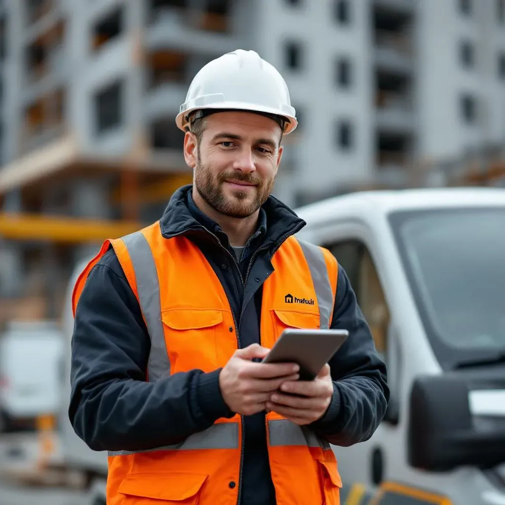 Commercial BTP devant son véhicule, tablette en main, chantier en arrière-plan, tenue professionnelle