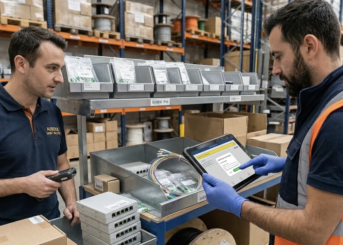 Technicien sous-traitant récupérant du matériel fibre au magasin, signature tablette, passage au statut Livré